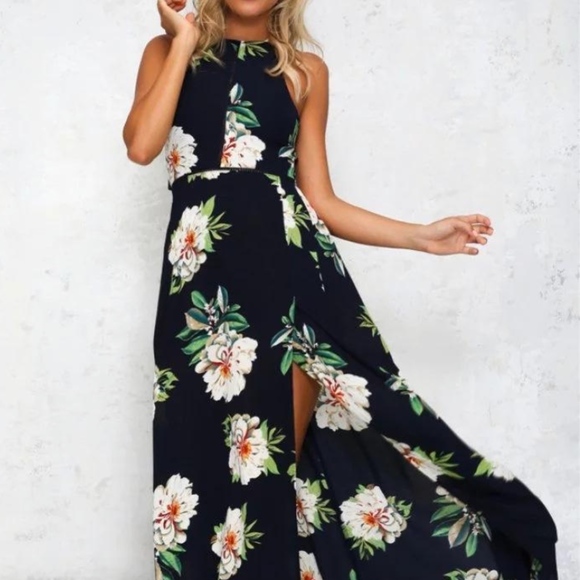 Black Floral Halter Maxi Beach Dress - Picture 5 of 5